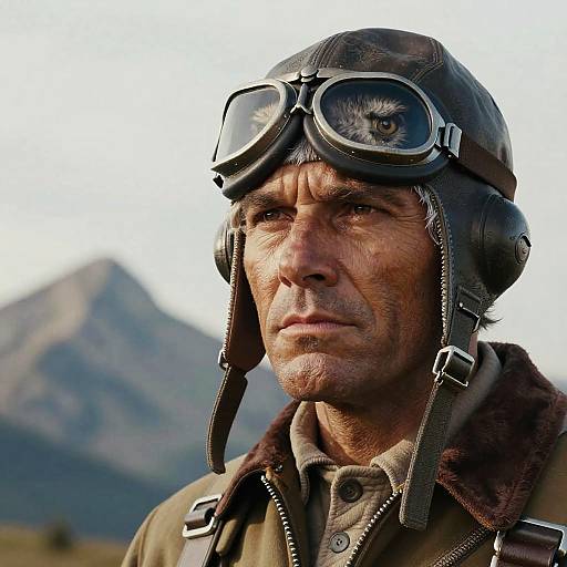 Photograph of a rugged, middle-aged man with weathered skin, wearing a WWII-style aviator helmet with goggles, against a mountain backdrop.