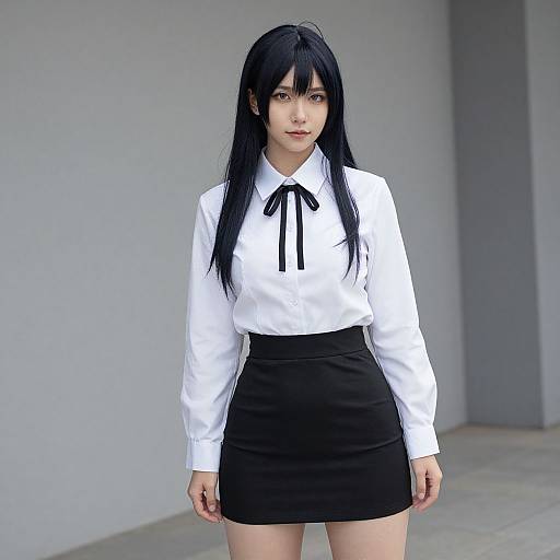 Photograph of an Asian woman with long black hair wearing a white blouse with a black ribbon and a black mini skirt, standing indoors against a gray wall
