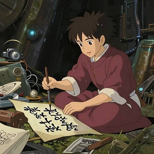 Anime-style digital drawing of a young boy with spiky black hair, wearing a maroon school uniform, writing Japanese calligraphy in a dimly lit