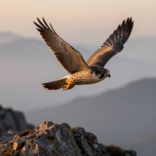 Photograph of a peregrine falcon with brown and white plumage, yellow beak, and sharp talons, soaring over a rocky