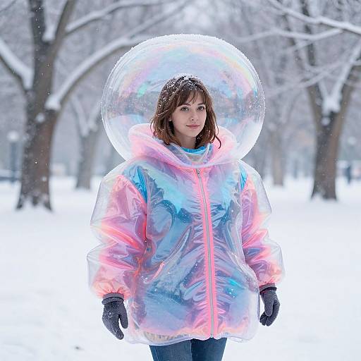 Photograph of a young woman with wet brown hair, wearing a glowing, translucent pink and blue winter jacket with a clear hood, standing in a snow
