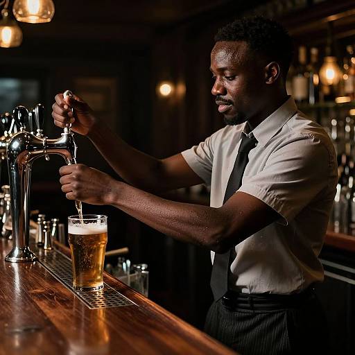 Photograph of a muscular Black bartender with short curly hair, wearing a white shirt and black tie, pouring beer into a glass on a dimly lit