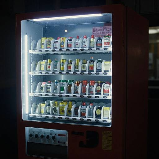 Photograph of a brightly lit vending machine displaying five shelves of variously colored cleaning product bottles, illuminated against a dark background.