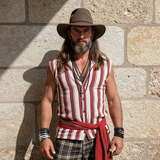 Photograph of a muscular, bearded man with long brown hair, wearing a brown hat, red-striped shirt, red sash, plaid pants