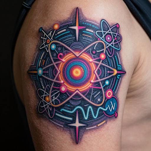 Vibrant tattoo of a neon atomic design on a human upper arm, featuring glowing circles, atoms, and waves on a dark background.