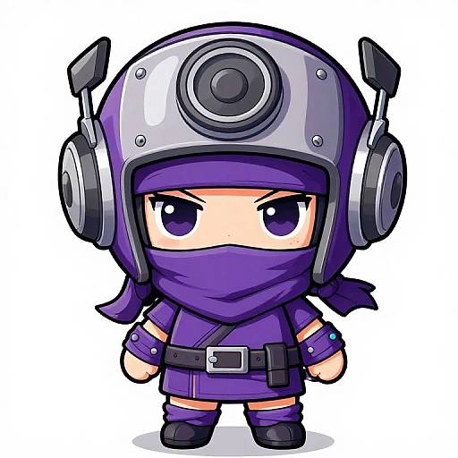 Chibi-style drawing of a determined ninja with purple outfit, helmet featuring a circular center, and headphones, standing against a white background.