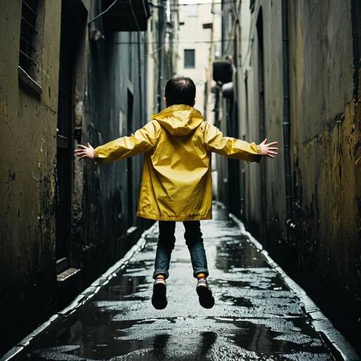 Child Jumping in Alleyway Wearing Yellow Raincoat