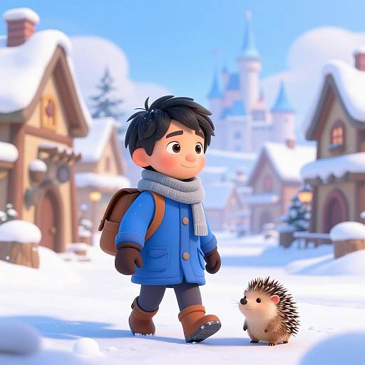 CGI image of a cute, black-haired boy in a blue coat, brown boots, and scarf, walking a small hedgehog in a snowy village