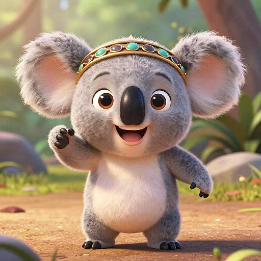 Cute CGI koala with fluffy gray fur, white belly, and large black nose, wearing a gold and turquoise crown, stands on sunny forest path