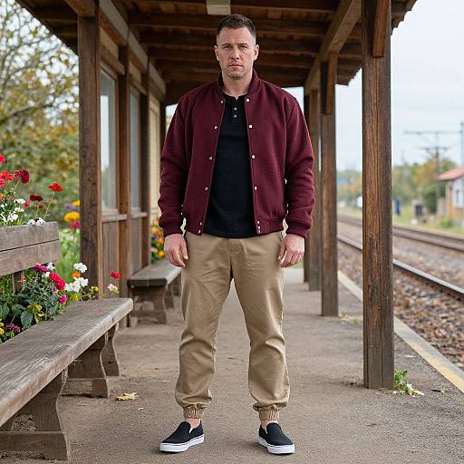 Photograph of a tall, muscular man with short brown hair, wearing a burgundy jacket, black shirt, beige pants, and black sneakers, standing