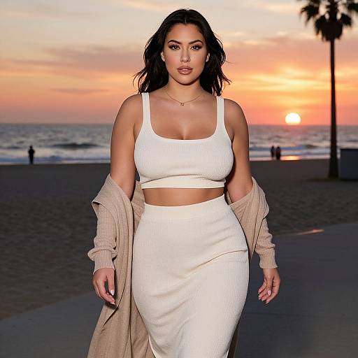 Photograph of a curvy woman with dark wavy hair, wearing a white crop top and high-waisted skirt, beige cardigan off shoulders