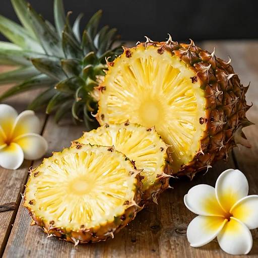 Photograph of two bright yellow pineapple slices with spiky brown skin, placed on a wooden table with white frangipani flowers and a whole pineapple