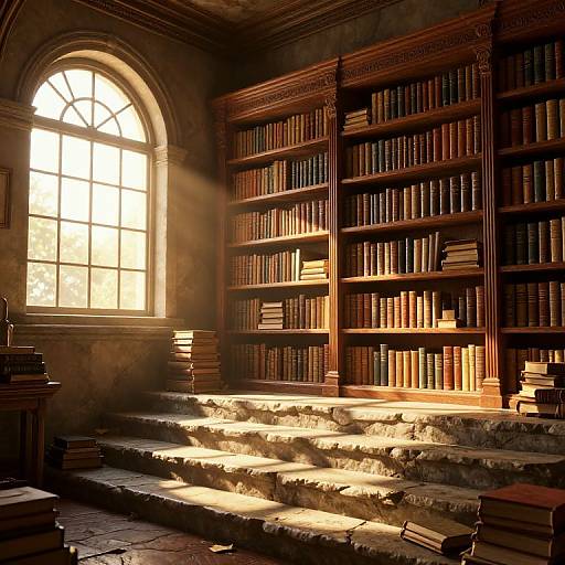 Photograph of a sunlit, antique library with arched window, wooden bookshelves, stacked books, and sunlight streaming through dust-filled air.