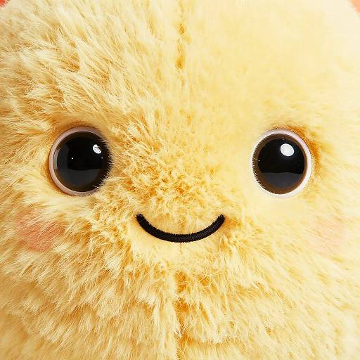 Close-up photograph of a fluffy yellow stuffed animal with large black shiny eyes and a simple black curved smile.