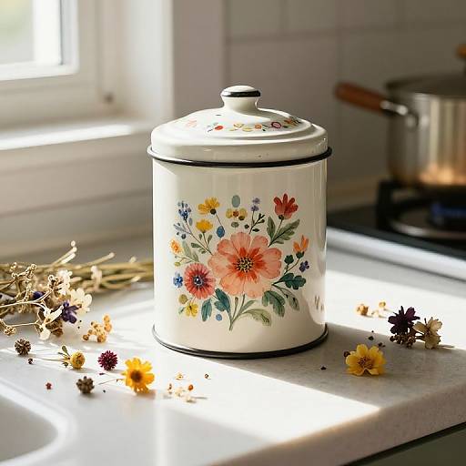 Photograph of a white ceramic flower-patterned lidded pot on a sunlit kitchen counter, surrounded by scattered dried flowers and a silver pot on