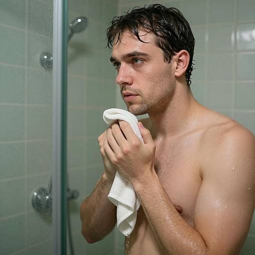 Shirtless Man in Green-Tiled Shower