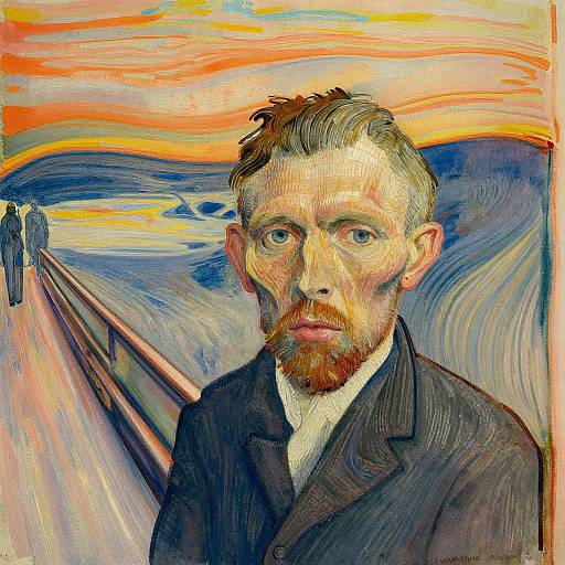 Expressionist portrait painting of a bearded man with intense gaze, vibrant sunset sky, and swirling blue and orange background, by Edvard Munch.