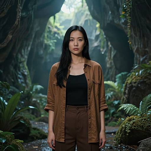 Photograph of an Asian woman with long black hair, wearing a brown button-up shirt and black tank top, standing in a lush, cavernous jungle