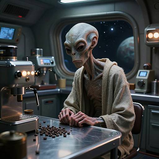 Grumpy Elderly Alien in Vintage Spaceship