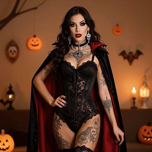 Photograph of a dark-haired woman in black lace corset, thigh tattoos, red-lined cape, Halloween-themed background with jack-o'-lanterns