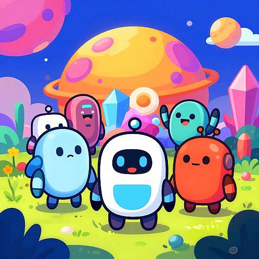 Colorful cartoon image of four cute, round robotic creatures with black eyes in front of a vibrant, mushroom-shaped planet with crystals. Bright, whimsical
