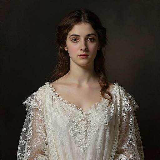 Photograph of a young woman with fair skin, dark brown wavy hair, and delicate features, wearing a white lace dress against a dark background.
