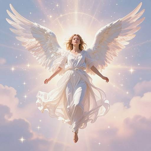 Angelic woman with flowing white dress and radiant wings, floating in a sunlit, starry sky. Ethereal, serene, and divine.