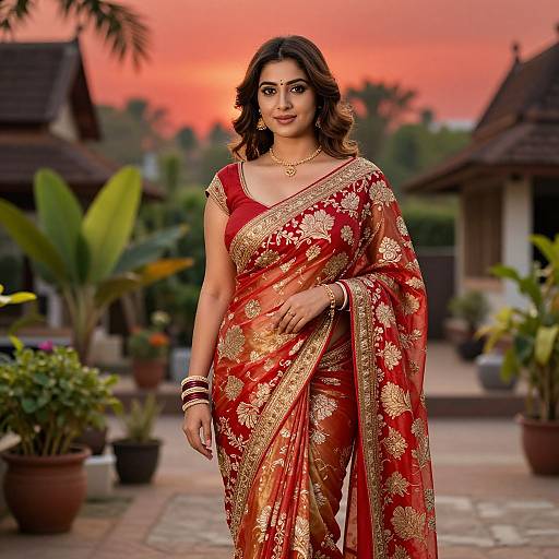 Photograph of a beautiful South Asian woman in a red and gold traditional saree, standing outdoors at sunset, with potted plants and traditional buildings in