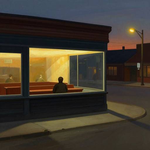 Digital painting of a silhouetted person sitting alone in a brightly lit, modern diner at dusk, with a streetlamp and sunset sky in the
