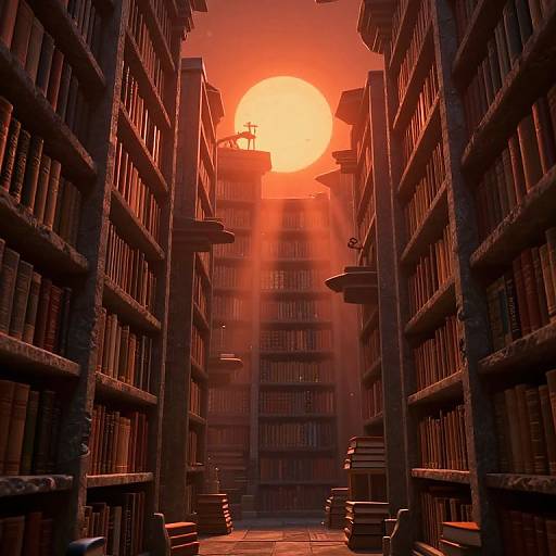 Photorealistic digital art of a library aisle with towering bookshelves, bathed in intense red-orange sunlight from a large, glowing sun behind the