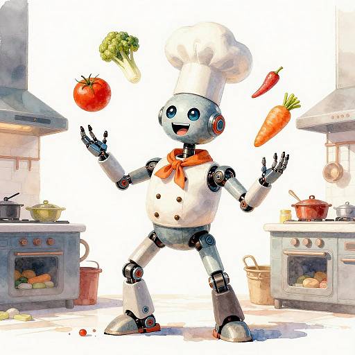 Whimsical Robot Chef Juggling Ingredients