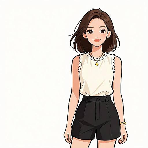 Digital anime-style drawing of a smiling young woman with shoulder-length brown hair, wearing a white sleeveless top and black high-waisted shorts.