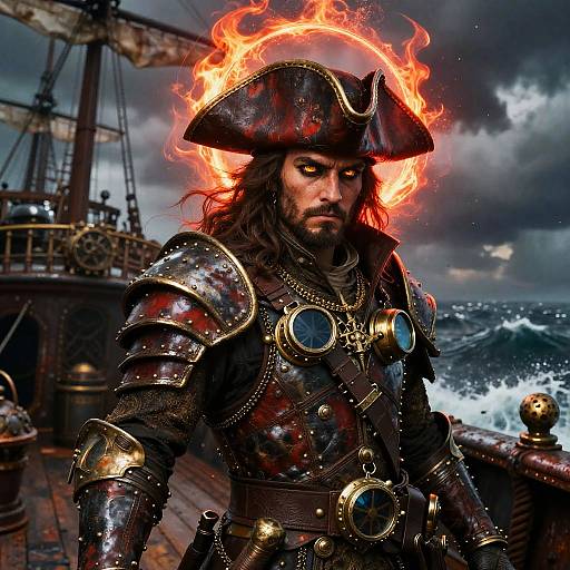 Photorealistic digital art of a fierce pirate with fiery halo, black tricorn hat, metallic armor, blue gemstones, standing on a stormy