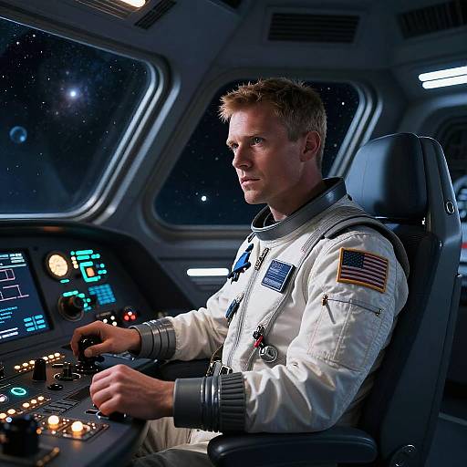 Photograph of a focused male astronaut in a white spacesuit with American flag patch, seated in a spaceship cockpit, navigating controls under starlit space view