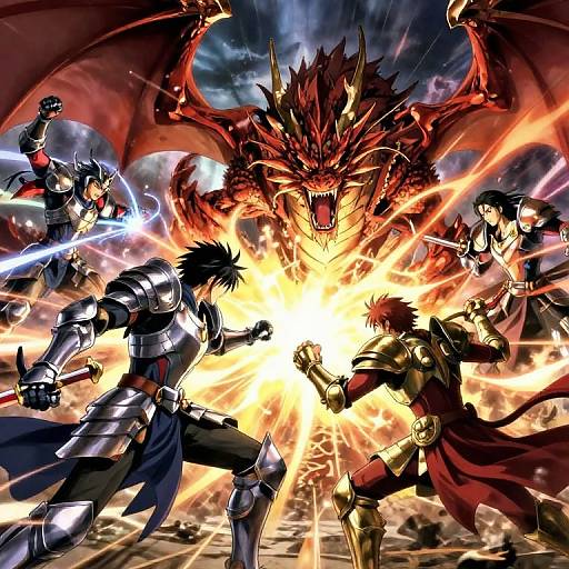 Digital anime artwork of five warriors in armor, surrounded by a roaring red dragon, with bright explosions and intense energy beams.