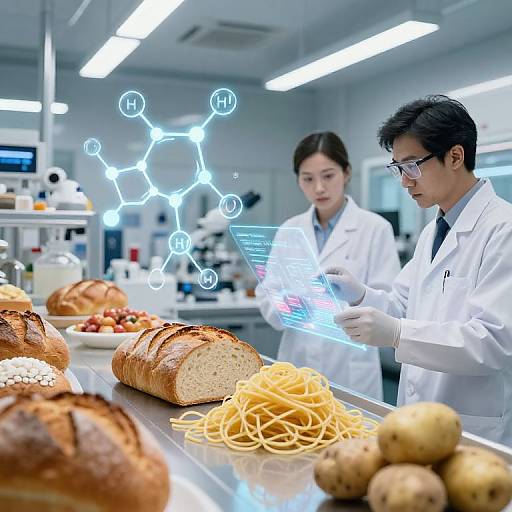 Photograph of two Asian scientists in white lab coats, examining molecular graphics on a tablet, with bread, spaghetti, and potatoes on a lab counter in