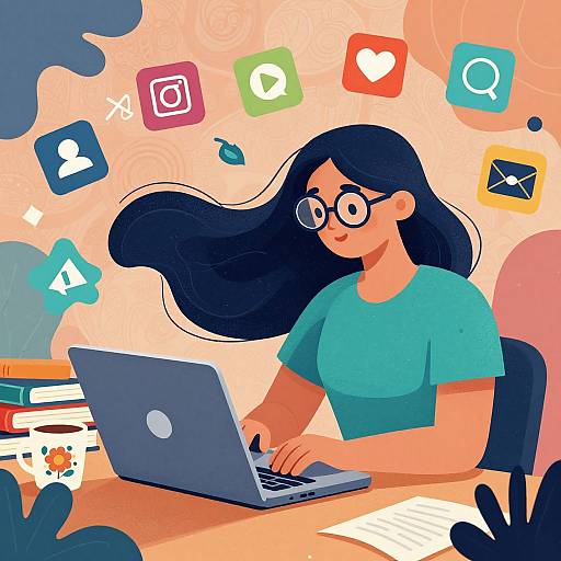 Digital illustration of a smiling woman with long black hair, glasses, and a teal shirt, typing on a laptop surrounded by social media icons and a stack