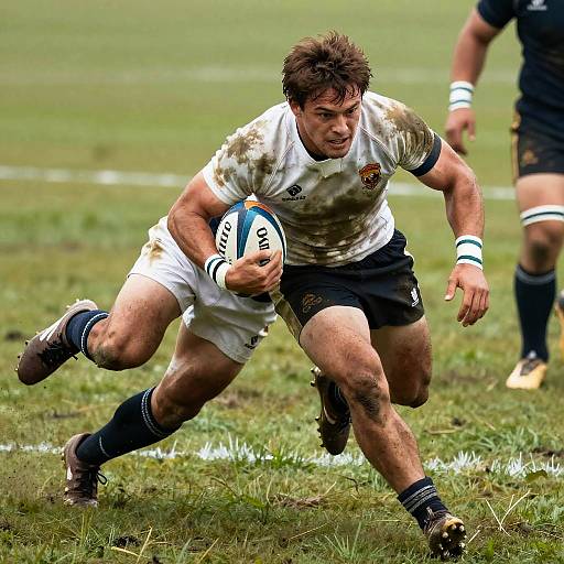 Rugby Player Scoring Try in Muddy Field