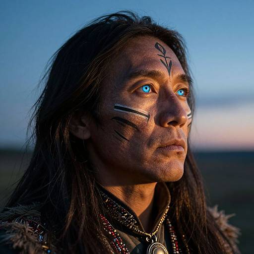 Photograph of a Native American man with long black hair, blue eyes, tribal face paint, and a fur-lined jacket, gazing into a twilight