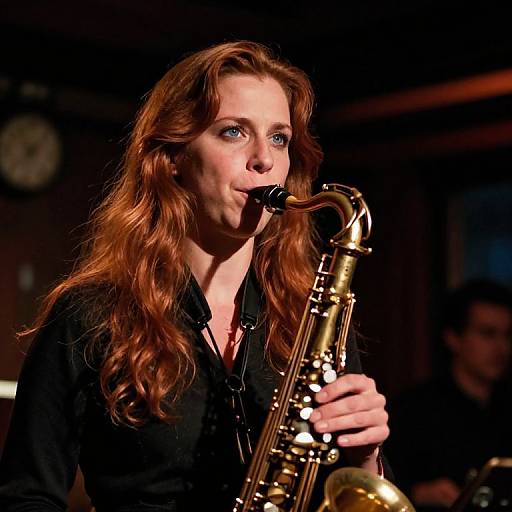 Photograph of a red-haired woman with wavy hair, playing a golden saxophone on stage, wearing a black shirt, illuminated by stage lights in
