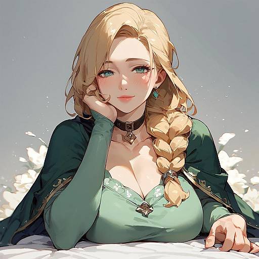 Charming Blonde Girl in Green Dress