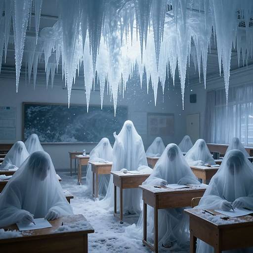 Photograph of a classroom with eight ghostly, white-sheet-covered figures sitting at desks, surrounded by hanging icicles, under a bright, icy blue