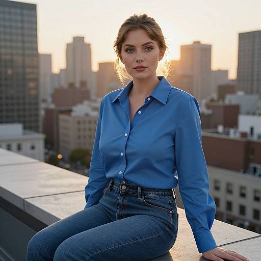Photograph of a woman with light brown hair in a blue button-up shirt and high-waisted jeans, sitting on a rooftop at sunset, with