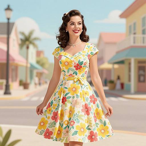 Photograph of a smiling woman with wavy brown hair, wearing a yellow floral dress, standing on a sunny, quaint street.