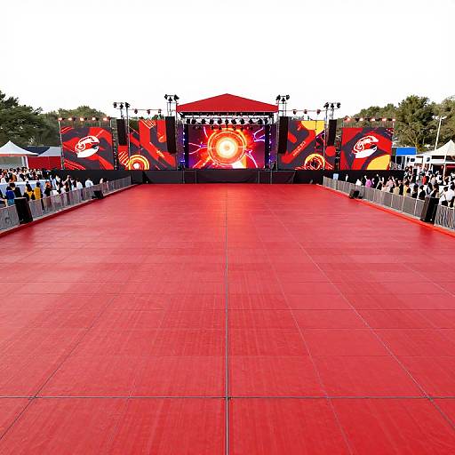 Photograph of a vibrant outdoor event stage with a red carpet, large illuminated circular logo, colorful banners, crowd, and trees in the background.