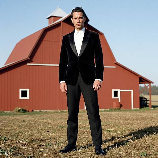 Photograph of a man in a black velvet suit and white shirt, standing in front of a red barn on a grassy field. Clear blue sky
