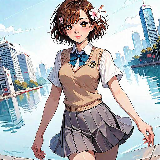 Digital anime-style drawing of a cute, brown-haired schoolgirl in a beige sweater, blue bow tie, and gray skirt, standing by a cityscape