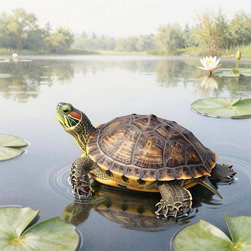 Cute Turtle on Lily Pond