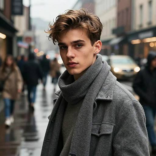 Young Man in Gray Jacket and Scarf on Crowded Street