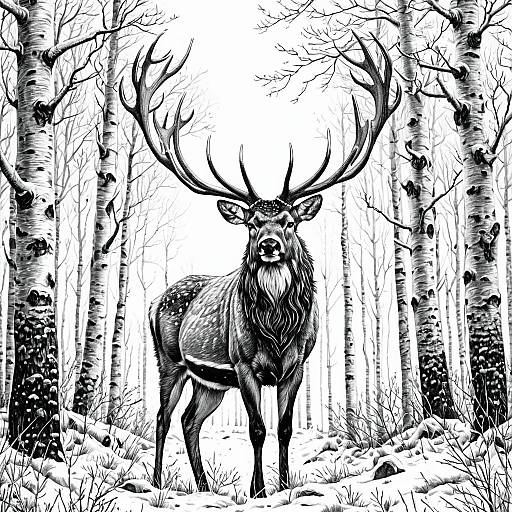 Majestic Stag in Winter Birch Forest